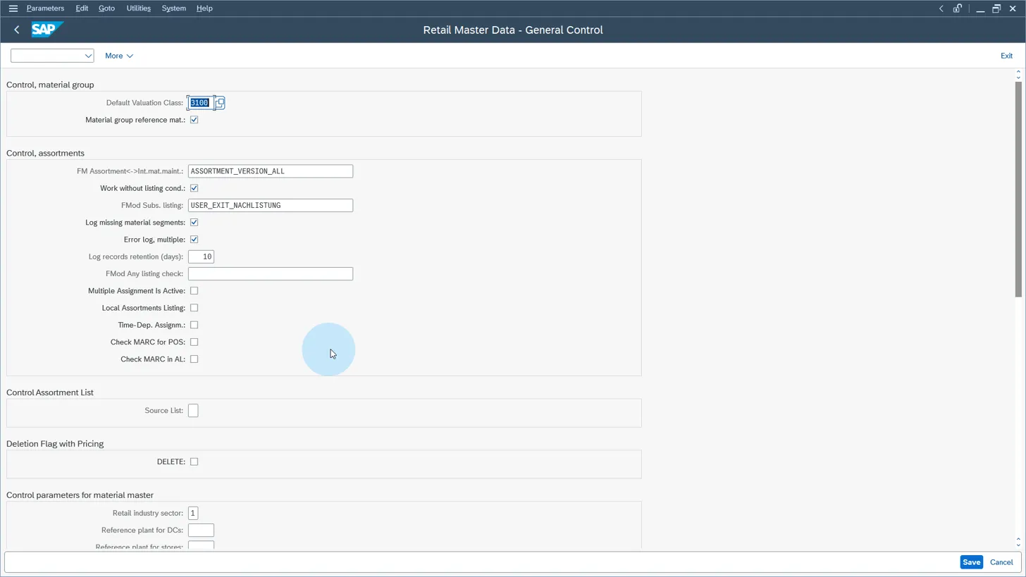 SAP Retail Master Data General Control customizing screen