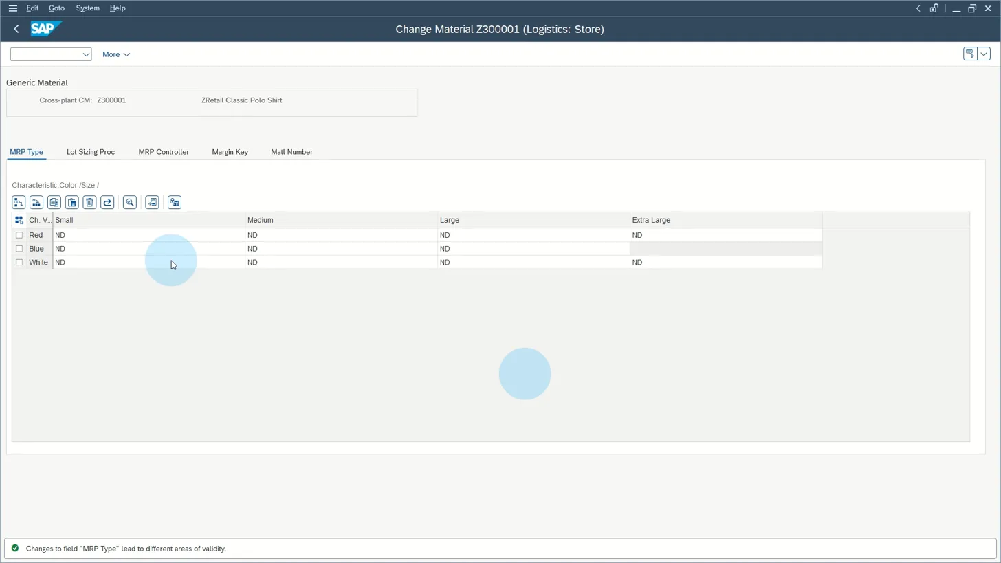SAP Change Material screen showing MRP Type by color and size variant for a generic material