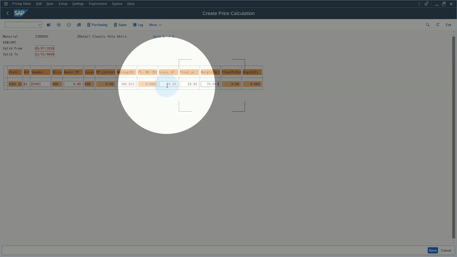 SAP Create Price Calculation screen showing markup percentage, gross sales price and final price for a retail article